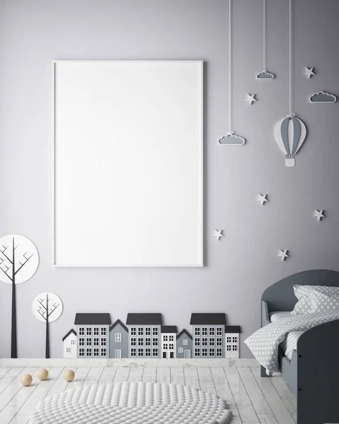 Mock up filmposter in de slaapkamer van de kinderen, Scandinavische stijl interieur achtergrond, 3d render — Stockfoto