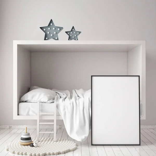 Mock up poster frame in children bedroom, scandinavian style interior background, 3D render — Stock Photo, Image