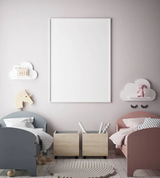 Marco del cartel de la maqueta en el dormitorio de los niños, fondo interior de estilo escandinavo, 3D render —  Fotos de Stock