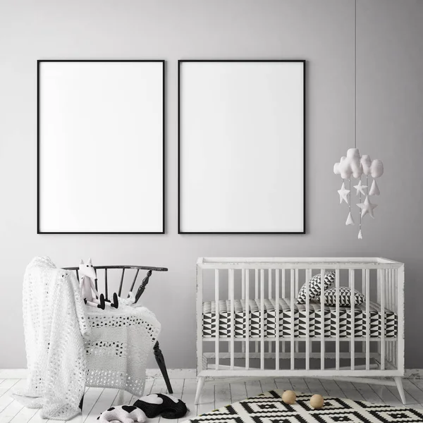 poster çerçevesi çocuk yatak odası, İskandinav tarzı iç arka plan, 3d render kadar alay