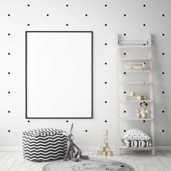 poster çerçevesi çocuk yatak odası, İskandinav tarzı iç arka plan, 3d render kadar alay