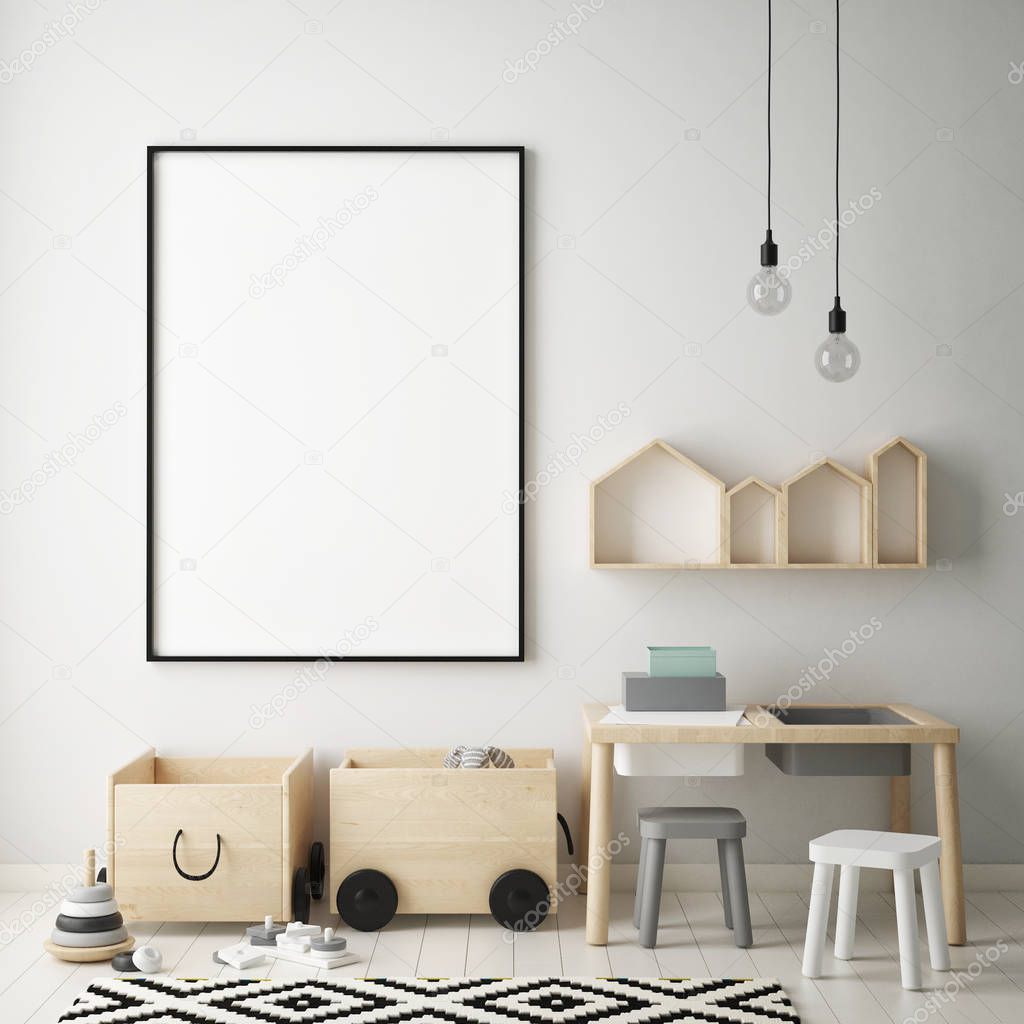 mock up poster frame in children bedroom, scandinavian style interior background, 3D render