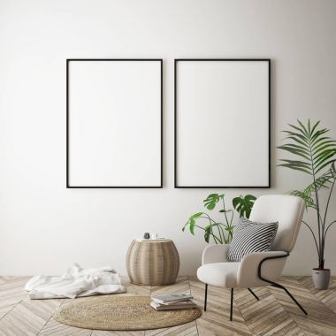 poster çerçevesi hipster iç arka plan, İskandinav tarzı, 3d render kadar alay