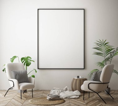 poster çerçevesi hipster iç arka plan, İskandinav tarzı, 3d render kadar alay