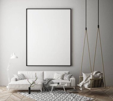 poster çerçevesi hipster iç arka plan, İskandinav tarzı, 3d render kadar alay