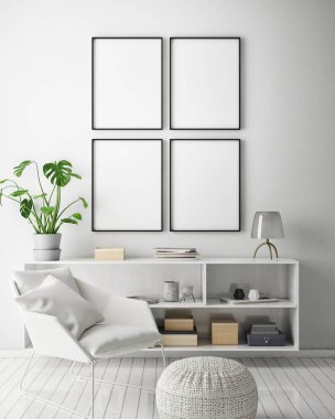 poster çerçevesi hipster iç arka plan, İskandinav tarzı, 3d render kadar alay