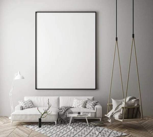 Mock up verlichte wissellijst in hipster interieur achtergrond, Scandinavische stijl, 3d render — Stockfoto