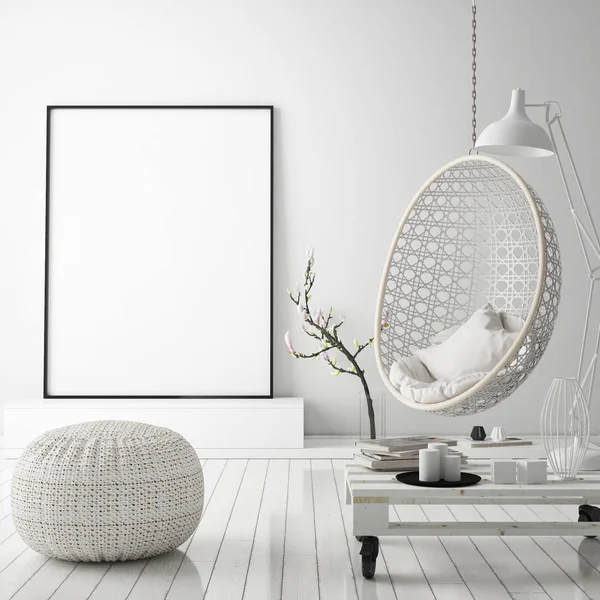 Mock up poster frame in hipster interior background, scandinavian style, 3D render — Stock Photo, Image