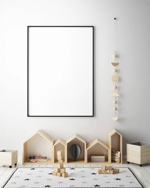 Mock up filmposter in de slaapkamer van de kinderen, Scandinavische stijl interieur achtergrond, 3d render — Stockfoto