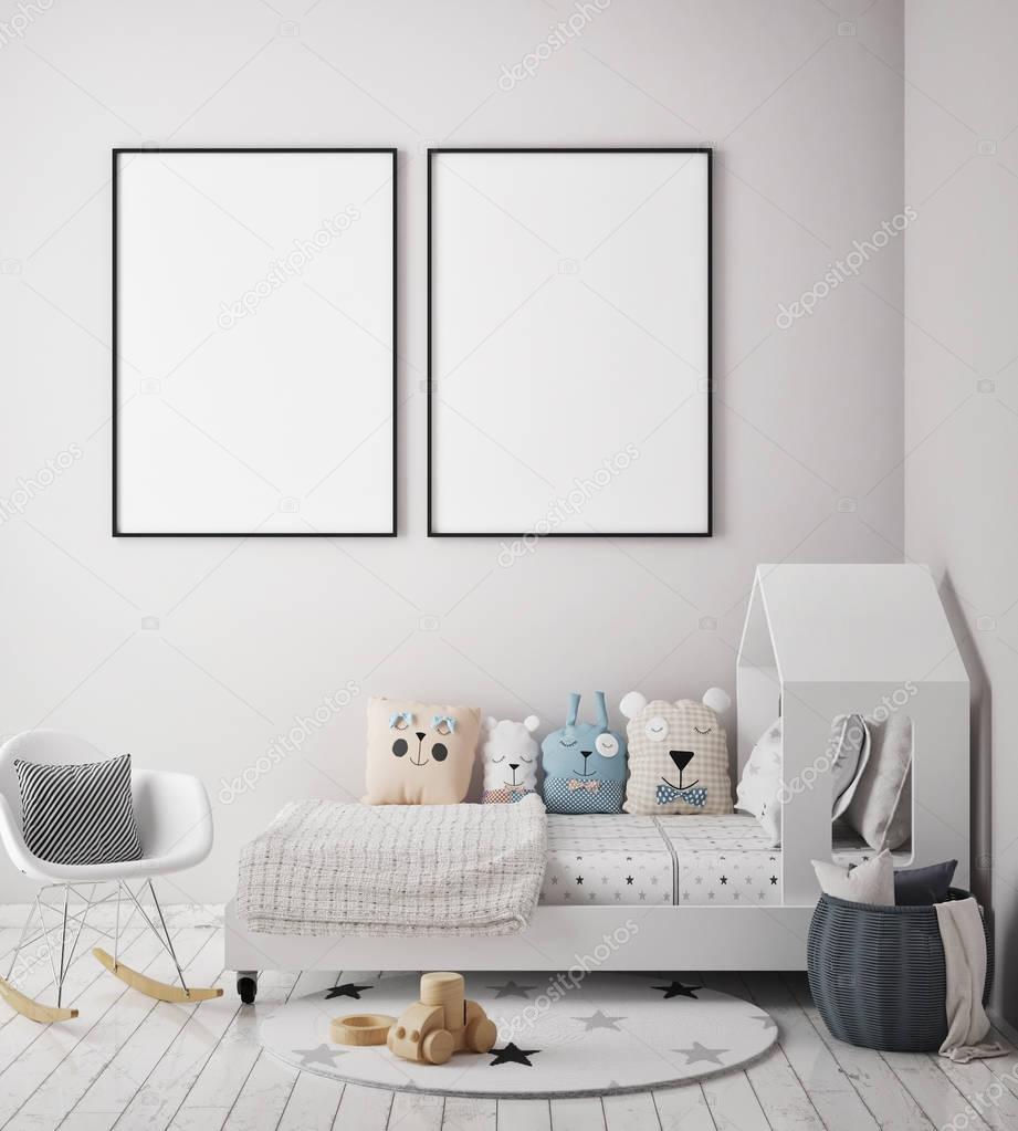 mock up poster frame in children bedroom, Scandinavian style interior background, 3D render