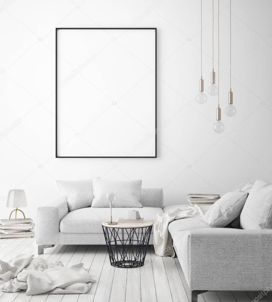 mock up poster frame in hipster interior background, scandinavian style, 3D render