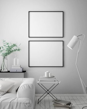 poster çerçevesi hipster iç arka plan, İskandinav tarzı, 3d render kadar alay