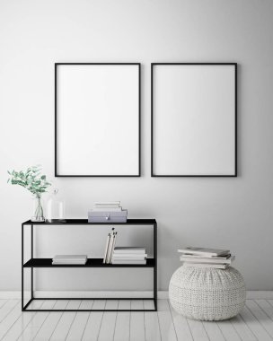 poster çerçevesi hipster iç arka plan, İskandinav tarzı, 3d render kadar alay