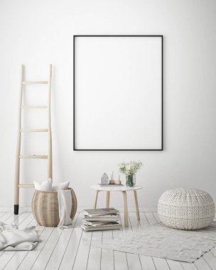 poster çerçevesi hipster iç arka plan, İskandinav tarzı, 3d render kadar alay