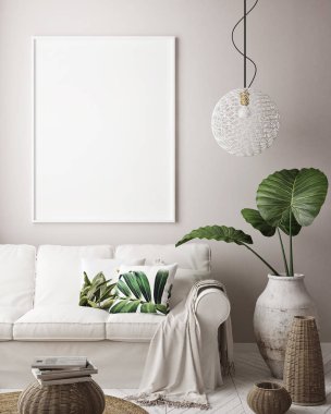 poster çerçevesi tropikal iç arka plan, modern Karayipler style, 3d çizim kadar alay