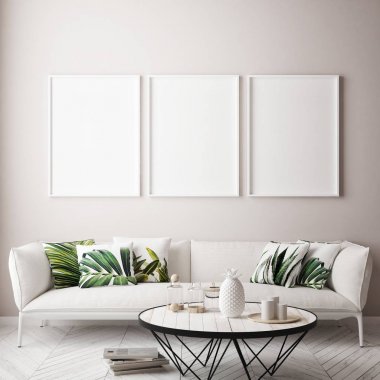 poster çerçevesi tropikal iç arka plan, modern Karayipler style, 3d çizim kadar alay