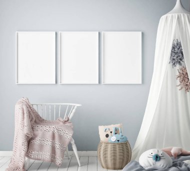 poster çerçevesi çocuk yatak odası, İskandinav tarzı iç arka plan, 3d render kadar alay