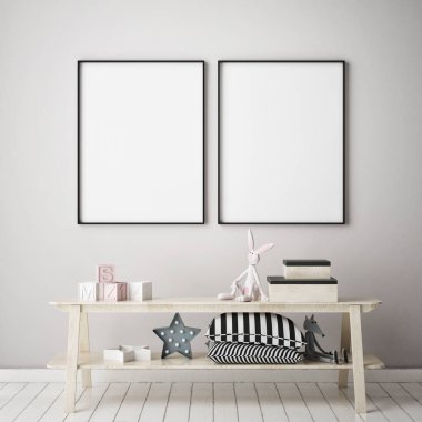 poster çerçevesi çocuk yatak odası, İskandinav tarzı iç arka plan, 3d render kadar alay