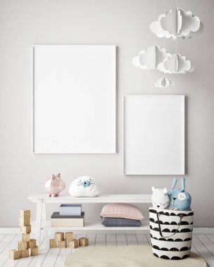 poster çerçevesi çocuk yatak odası, İskandinav tarzı iç arka plan, 3d render kadar alay