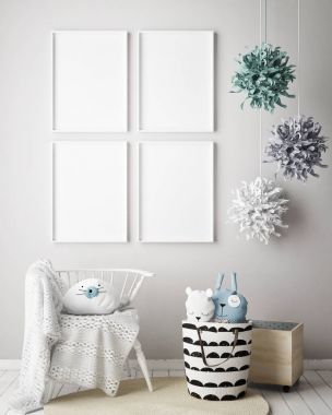 poster çerçevesi çocuk yatak odası, İskandinav tarzı iç arka plan, 3d render kadar alay