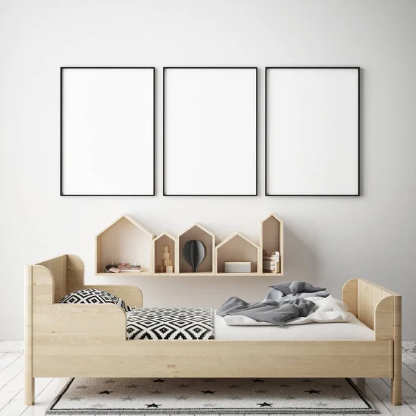 Pura-pura bingkai poster di kamar tidur anak-anak, gaya skandinavia interior latar belakang, 3D render — Stok Foto