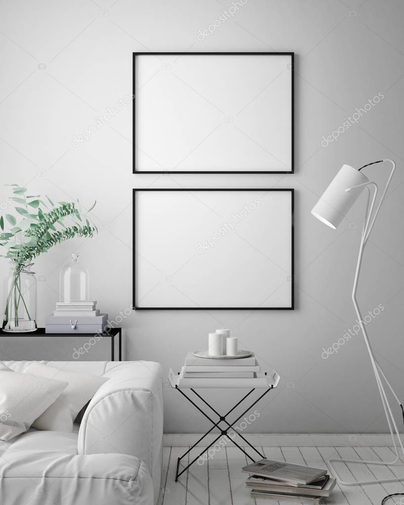 mock up poster frame in hipster interior background, scandinavian style, 3D render