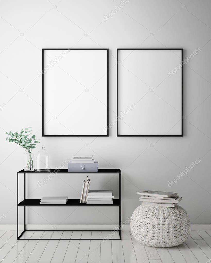mock up poster frame in hipster interior background, scandinavian style, 3D render
