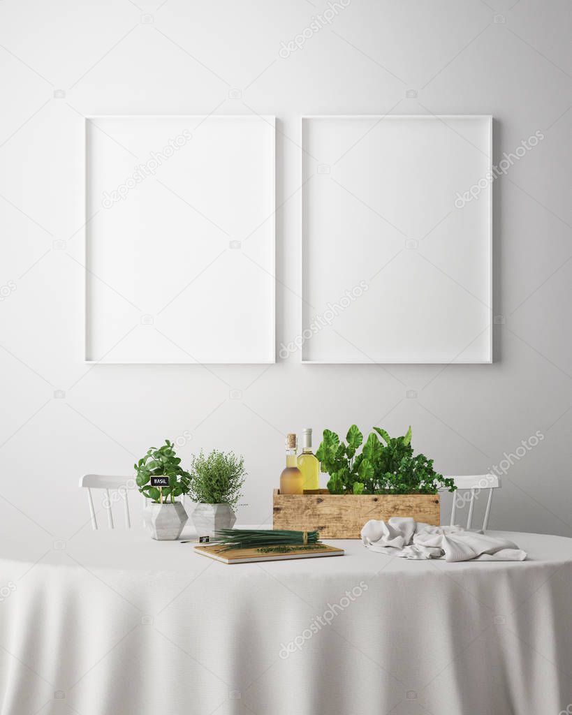 mock up poster frame in dinning room interior background, scandinavian style, 3D render