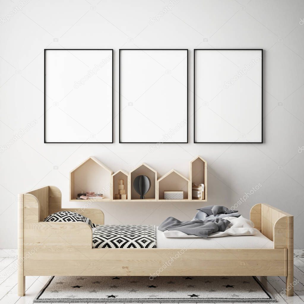 mock up poster frame in children bedroom, Scandinavian style interior background, 3D render