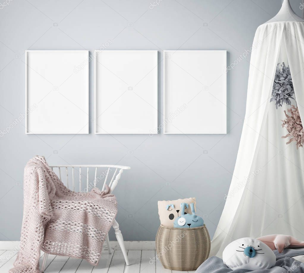 mock up poster frame in children bedroom, Scandinavian style interior background, 3D render