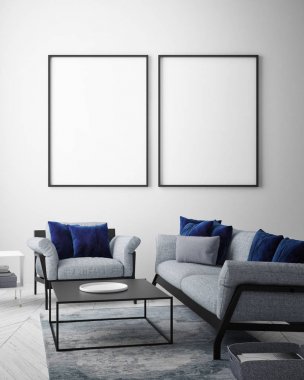 poster çerçevesi iç arka plan, İskandinav tarzı, 3d render, 3d çizim kadar alay