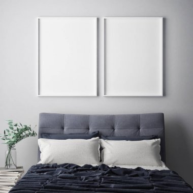 poster çerçevesi yatak odası iç arka plan, İskandinav tarzı, 3d render, 3d çizim kadar alay