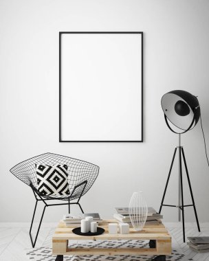 poster çerçevesi iç arka plan, İskandinav tarzı, 3d render, 3d çizim kadar alay