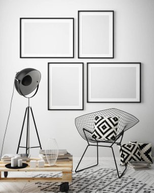 poster çerçevesi iç arka plan, İskandinav tarzı, 3d render, 3d çizim kadar alay