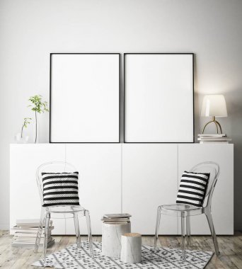 poster çerçevesi iç arka plan, İskandinav tarzı, 3d render, 3d çizim kadar alay