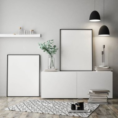 poster çerçevesi iç arka plan, İskandinav tarzı, 3d render, 3d çizim kadar alay