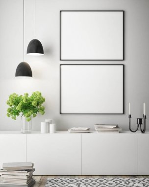 poster çerçevesi iç arka plan, İskandinav tarzı, 3d render, 3d çizim kadar alay