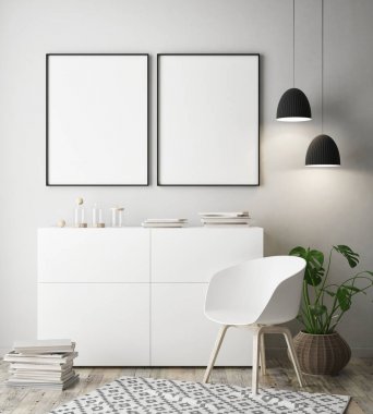 poster çerçevesi iç arka plan, İskandinav tarzı, 3d render, 3d çizim kadar alay