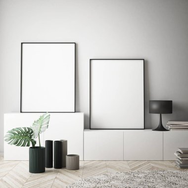poster çerçevesi iç arka plan, İskandinav tarzı, 3d render, 3d çizim kadar alay