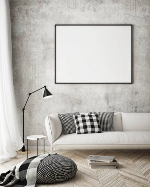 poster çerçevesi iç arka plan, İskandinav tarzı, 3d render, 3d çizim kadar alay