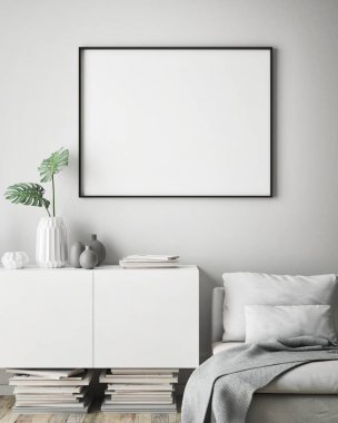 poster çerçevesi iç arka plan, İskandinav tarzı, 3d render, 3d çizim kadar alay