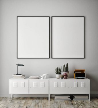 poster çerçevesi iç arka plan, İskandinav tarzı, 3d render, 3d çizim kadar alay