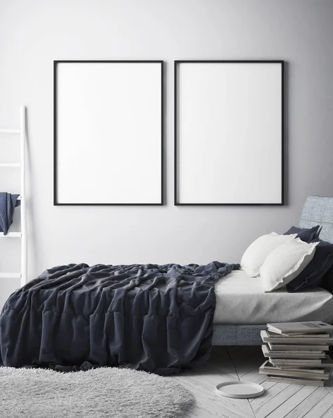 模拟海报框架在卧室内背景 斯堪的纳维亚风格 — 图库照片