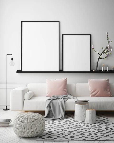 Mock Verlichte Wissellijst Scandinavische Stijl Render Interieur Achtergrond Illustratie — Stockfoto