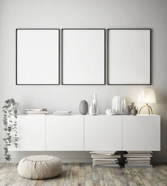 Mock Verlichte Wissellijst Scandinavische Stijl Render Interieur Achtergrond Illustratie — Stockfoto