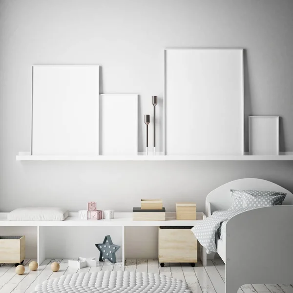 Mock Poster Frames Kinderen Slaapkamer Scandinavische Stijl Interieur Achtergrond Render — Stockfoto