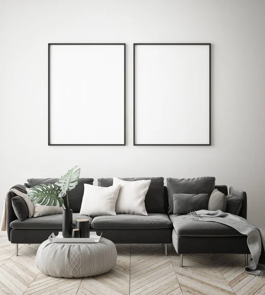 Mock Poster Frame Interior Background Scandinavian Style Render Illustration — Stock Photo, Image