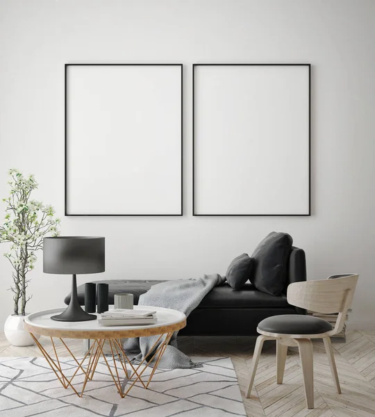 Mock Verlichte Wissellijst Scandinavische Stijl Render Interieur Achtergrond Illustratie — Stockfoto