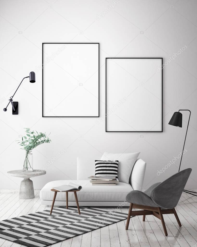 mock up poster frame in interior background, Scandinavian style, 3D render, 3D illustration