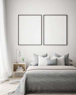 poster çerçevesi yatak odası iç arka plan, İskandinav tarzı, 3d render, 3d çizim kadar alay
